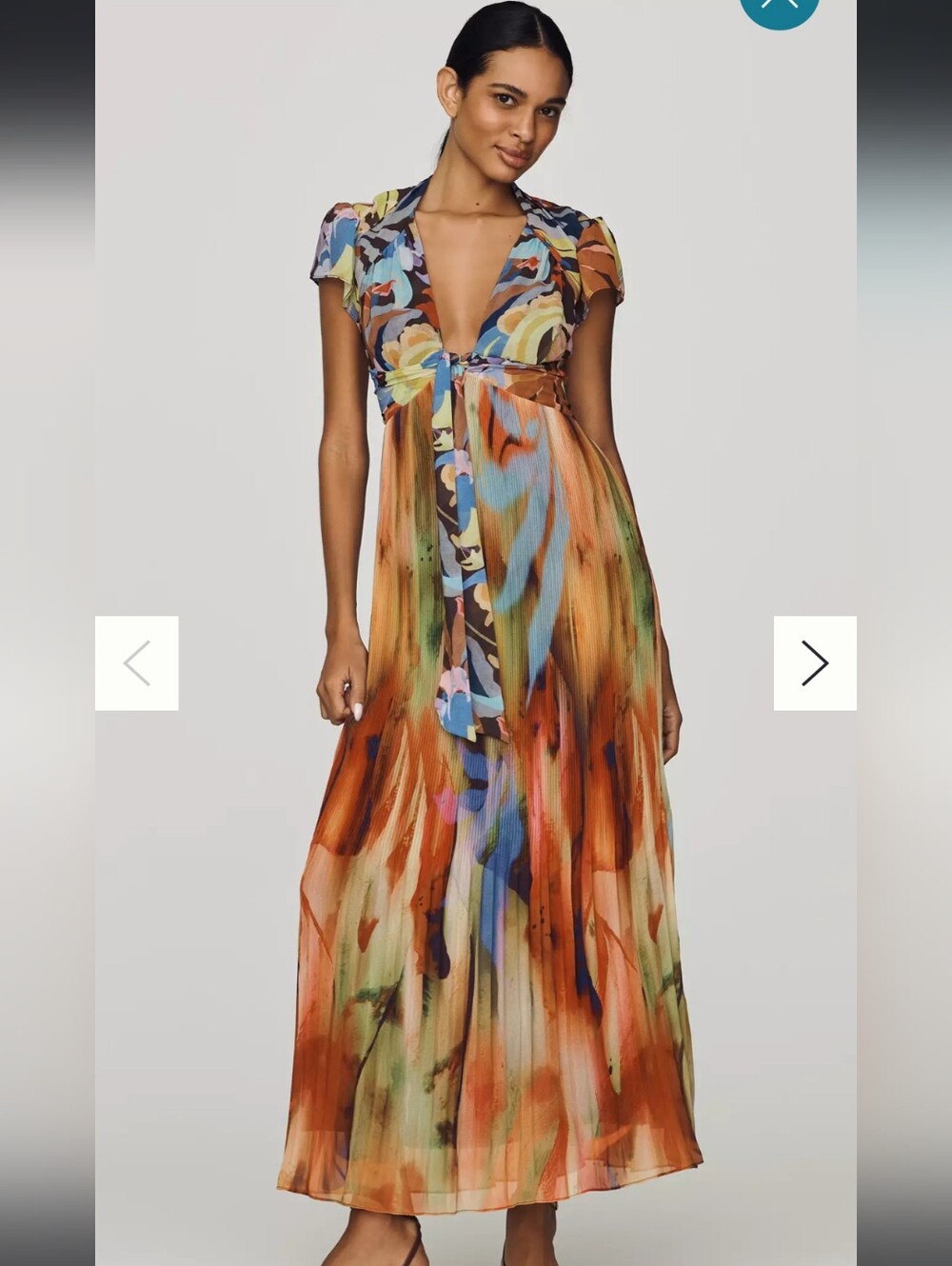 NEW Anthropologie Open Back Mixed Print Pleated Plunge V Neck Maxi Chiffon Dress